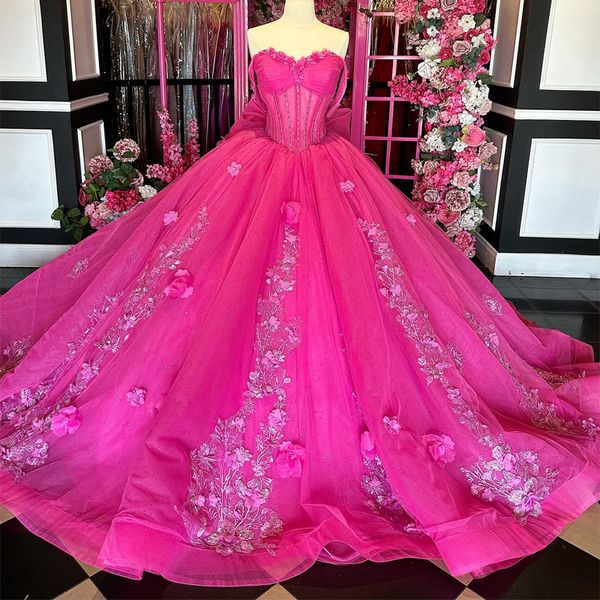 Rosenrotes Quinceanera-Kleid, Ballkleid, schulterfrei, Spitze, Blumenstickerei, Tüll, Geburtstagsfeier, Abschlussball, Sweet 16, Vestidos De 15 Anos