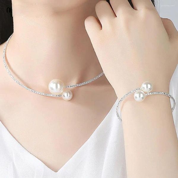 Halskette Ohrringe Set 1 Europäische Simulierte Perle Colliers Armreif Einstellbare Schmuck Für Frauen Braut Hochzeit Party Zubehör