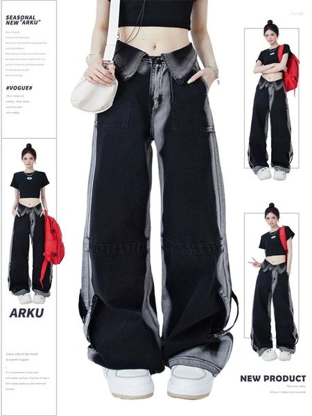 Kadınlar kot jrjl manşetler bol kadın 2024 moda vintage siyah alçak giyim şık şık düz tam uzunlukta bacak