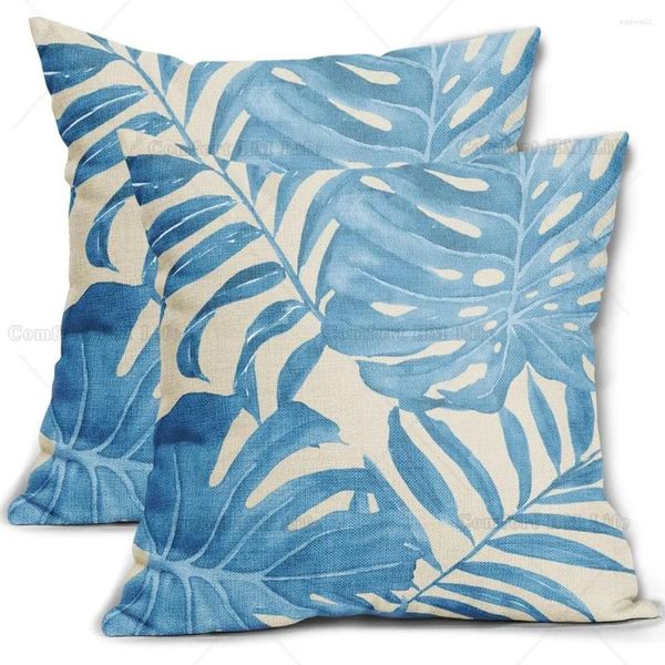 Travesseiro Aquarela Luz Azul Palm Folha Capas Conjunto de 2 Folhas Tropicais de Verão Capas Decorativas Linho Capa Quadrada