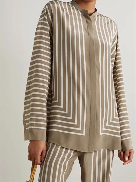 Blusas femininas camisa de tira 2024 seda geométrica coberta botões o-pescoço solto commuter manga longa blusa