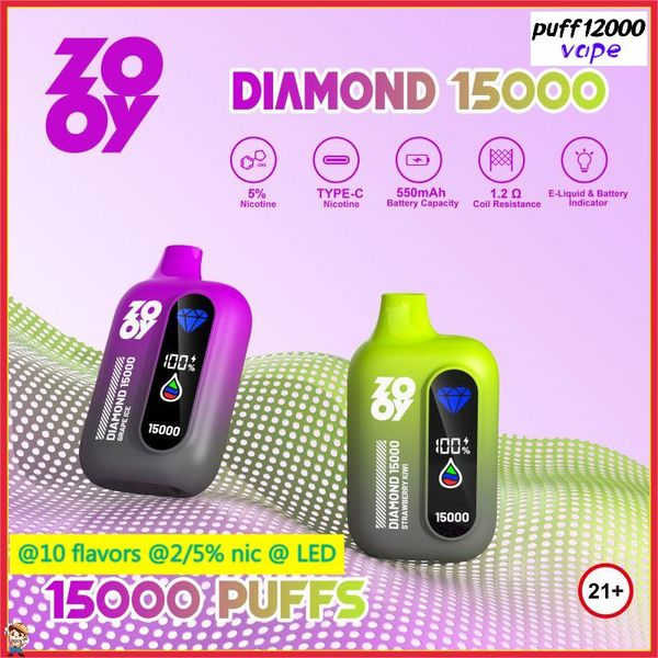 UE Armazém Zooy Diamante 15000 Pushs Disponível Vape Disponível Recarregável Bobina E-CIGARETES E-CUILHA PHUFP 15K 25ML CARROS PRÉ-REIMES CONFIGADOS Lâmpada de corrida Smart-For-formed