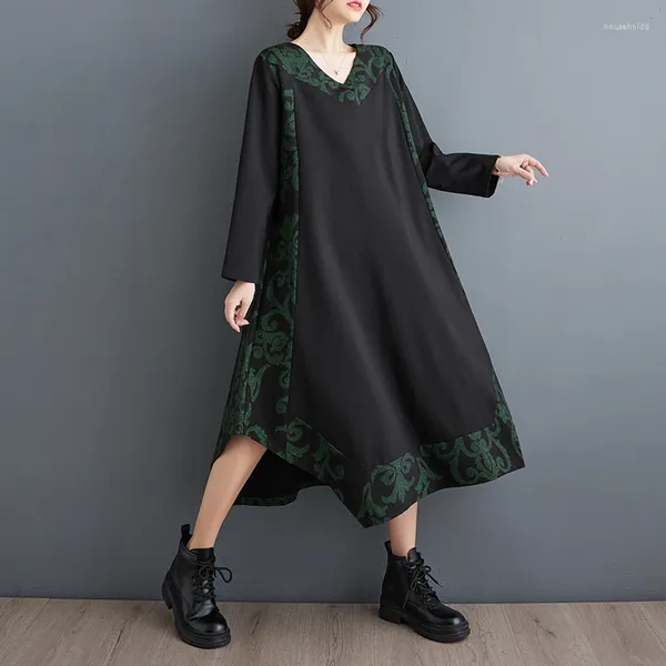 Abiti casual Stile coreano Scollo a V Stampa Patchwork floreale Chic Ragazza irregolare Autunno Abito nero Moda di strada Donna Primavera Midi