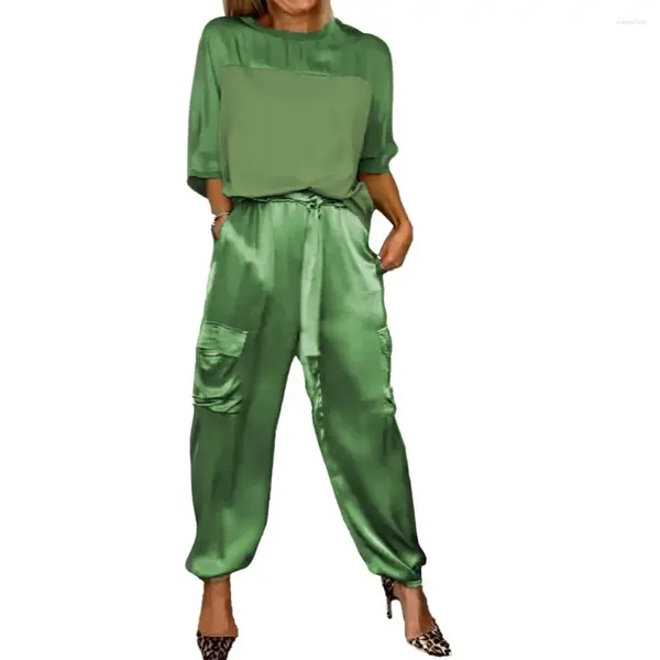 Calças femininas de duas peças 2 Pçs / set Mulheres Outfit Blusa Top Set Cetim Verde Lace-up Cintura Sólida Cor Solta Verão