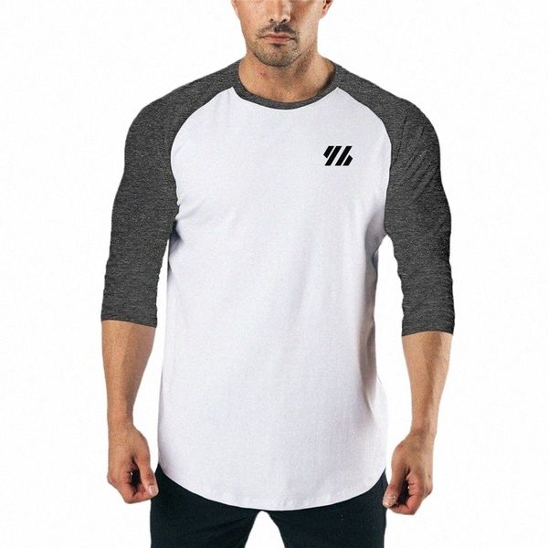 Camicie da uomo slim fit Cott maniche a tre quarti Fi Color Ctrast Sportswear Gym Bodybuilding Fitn Workout T-shirt u3Gb #