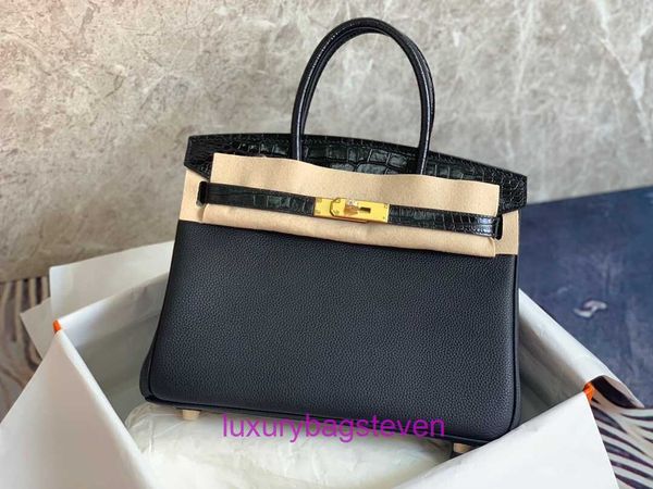 Hremms Birkks High End High End Genuine in pelle borse per donne Crocodile Pure Made TC Borsa TC 25cm30 cm Black Crocodile Cera Cera Linea portatile Originale 1: 1 Logo