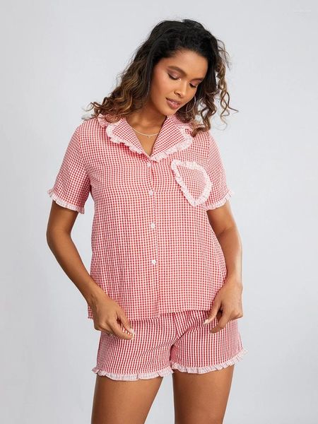 Conjunto de pijamas femininos de 2 peças, roupas para casa, xadrez fofo, listrado, manga curta, camisa com botões, shorts de salão, pijamas combinando