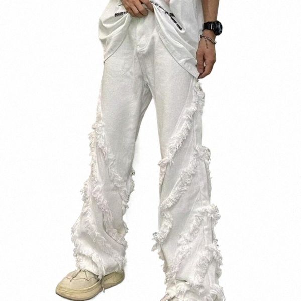Estilo Americano Branco Danos Raw Edge Street Jeans Homens Harajuku Estilo Hip-Hop Dance Straight White Jeans Mulheres Y2K Roupas W8uq #
