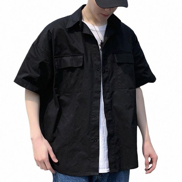 Short Half Sleeves Tooling Shirt Pocket Street Men Plain Loose Casual Blusa Top E8lO #