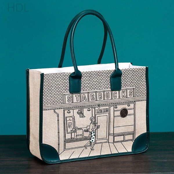 Borsa a tracolla in lino Starbucks Borsa da donna in stile fumetto Borsa da ascella di grande capacità