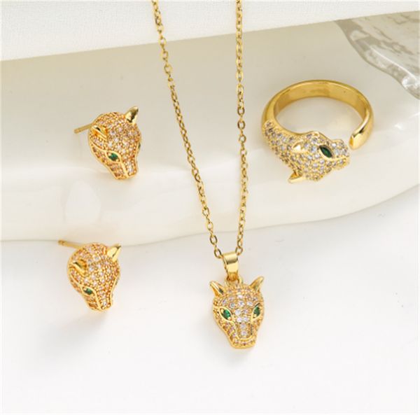 Colar de leopardo banhado a ouro real 18K leopardo titânio aço colar feminino brincos de zircônia feminino anel de diamante completo conjunto de joias
