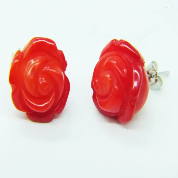 Ohrstecker, 14 mm, klassische natürliche rote Koralle, Rosenblüten-Ohrstecker