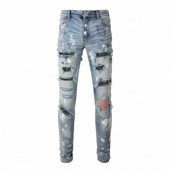 Homens Crystal Skinny Stretch Denim Jeans Streetwear Buracos Rasgados Calças Distred Pintadas Patchwork Calças P35R #