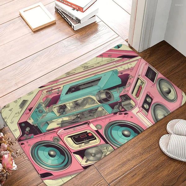 Teppiche Retro Futuristischer Kassettenspieler Explosionsansicht Boombox Boom Box Musik Rutschfeste Fußmatte Teppich Bad Schlafzimmer Matte Willkommen drinnen