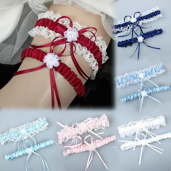 Strumpfbänder 2 stücke Spitze Perle Blume Oberschenkel Ring Strumpfband Elegante Elastische Sexy Bein Ringe Frauen Cosplay Hochzeit Party Braut gürtel Dekor