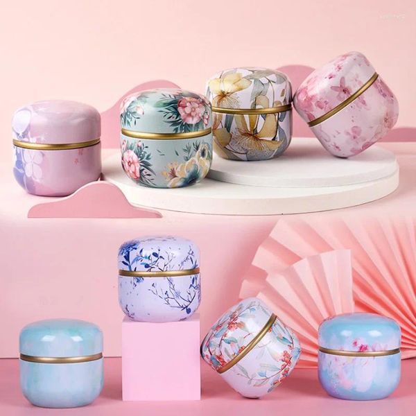 Garrafas de armazenamento chá caddy folha de flandres casa selada caixa de embalagem caixas portáteis estilo japonês flor redonda pequeno recipiente de lata