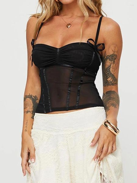 Damen-Tanktops, Sommer-Cami-Tops, schwarz, ärmellos, offener Rücken, schmales Netz-Camisole