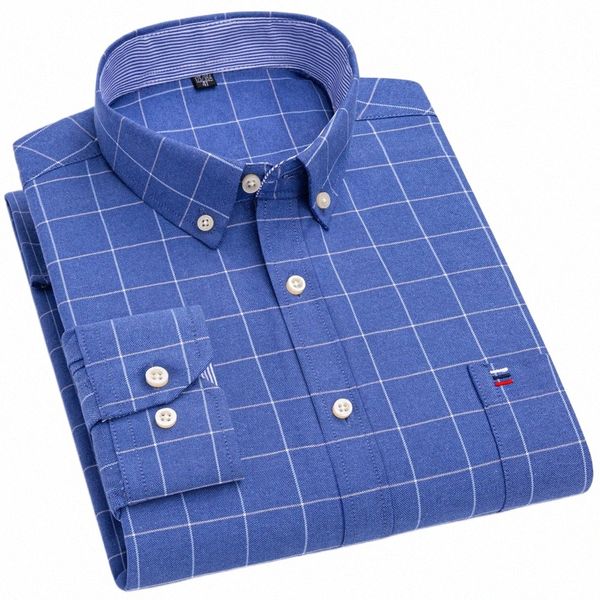 Camicia da uomo a quadri con maniche lunghe in cotone 100% Cott al 100% Camicia a quadri con tasca sul petto singola Camicie Oxford a righe scozzesi standard casual da lavoro 16OM #