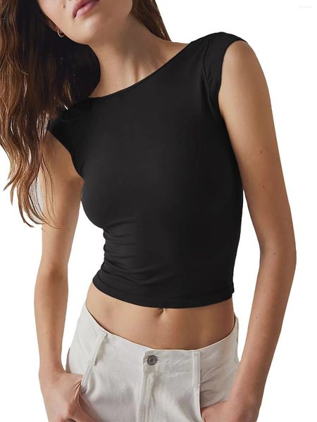 Camisetas femininas sem mangas sem costas top cor sólida slim fit crop tee (rosa claro M)