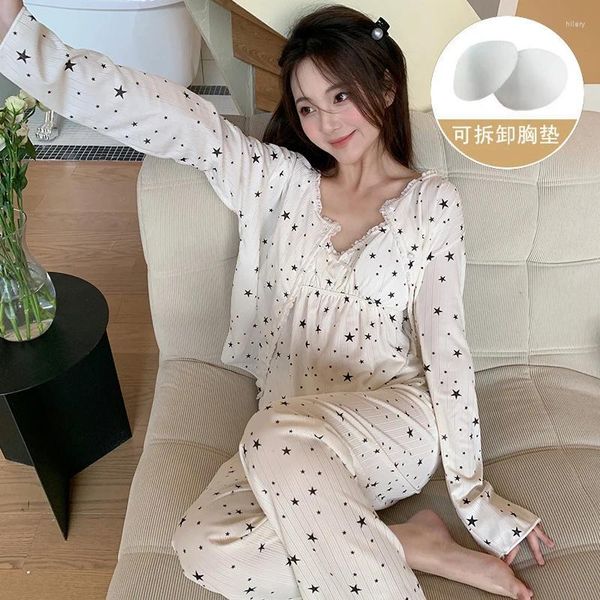 Домашняя одежда 2024, весна-осень, 3 шт., хлопковые пижамные комплекты с длинными рукавами для женщин, корейская сексуальная одежда для сна, костюм, пижамная домашняя одежда, Pijama Mujer