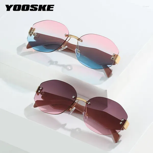 Sonnenbrille YOOSKE Sexy Polygon Trimmen Frauen Mode Randlose Sonnenbrille Damen Rahmenlose Farbverlauf Shades Grau Rosa Brillen