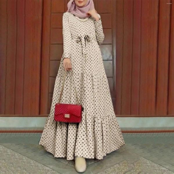 Sıradan Elbiseler Kadın Müslüman Robe Uzun Kollu Elbise Polka Dot Abaya Hijab Dubai Kıyafetleri Kaftan Ramazan Şifon Maxi