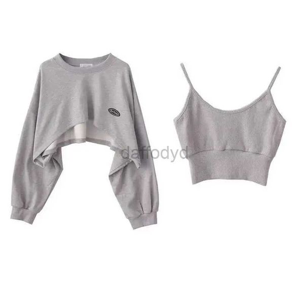 Damen-Kapuzenpullover, Sweatshirts, modisches asymmetrisches, kurzes Camis-Sweatshirt für Damen, 2-teilig, lässig, solide, lange Ärmel, weibliche Pullover, schicke Oberteile 24328