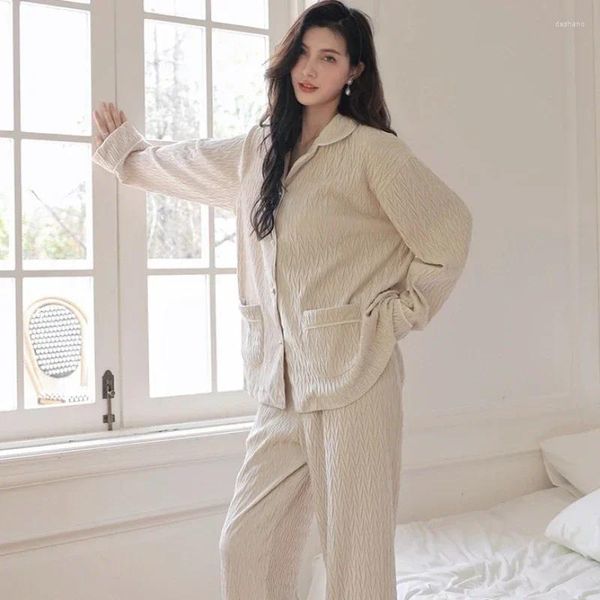 Casa roupas temperamento e pijamas elegantes conjunto de outono inverno manga comprida cardigan loungewear pode ser usado fora do pijama mulher