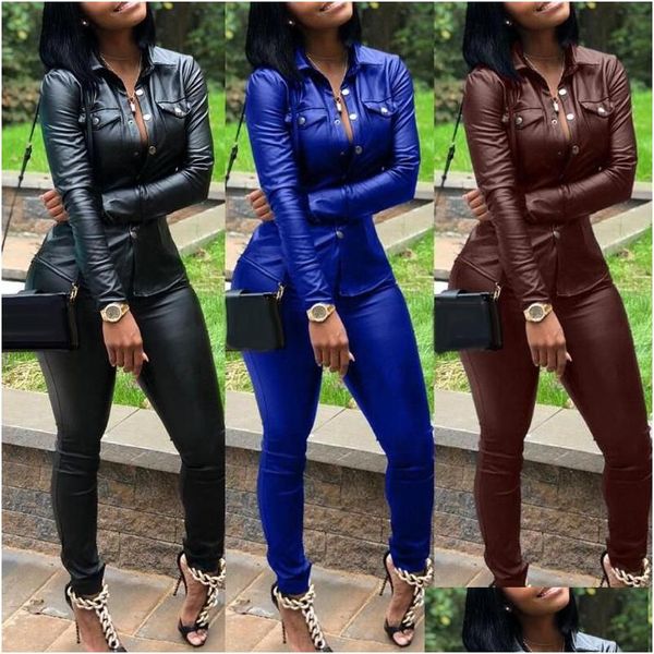 Vestido de duas peças 5 cores S-Xxxl Macacões de inverno Pu Leather Shirtaddpencil Pant Tracksuit Moda Y Mulheres Set Pieces Macacão Casual Dr Dhjyh