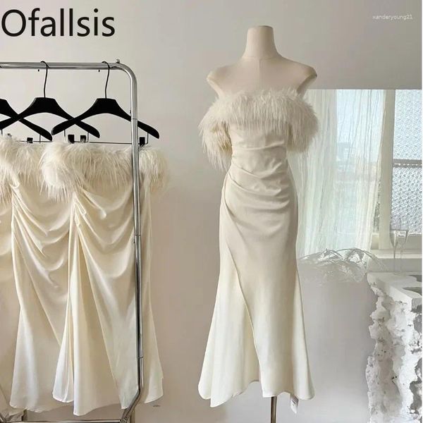 Abiti da festa Ofallsis Off spalla Celebrity One Fleece Splice Dress 2024 Summer Slender Fold Wrapped Hip Strap lungo