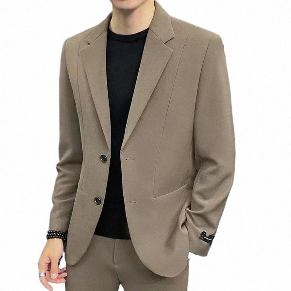 High-end uomo Fi vestito casual stile coreano semplice vestibilità formale busin tinta unita giacca + pantaloni 2 pezzi set nero kaki H45u #