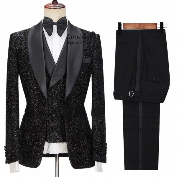 Shinny lantejoulas preto ternos de casamento para homens 3 peças conjunto formal noivo smoking xale lape magro padrinhos baile blazer traje homme g0xP #