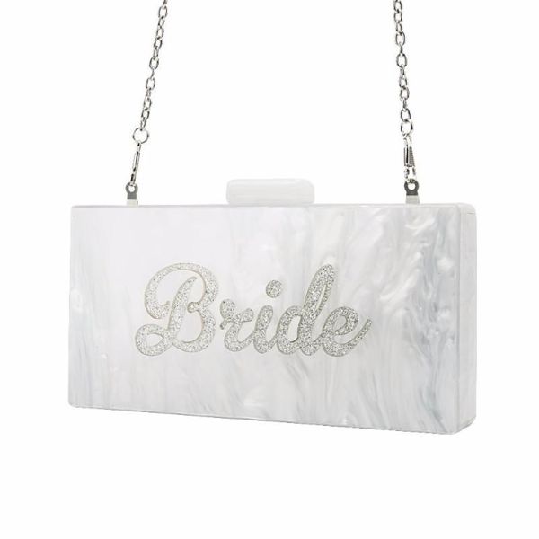 Borse da sera Bianco perla con glitter argento Nome Sposa Scatola in acrilico Pochette Borse da donna Moda Fatta a mano Claps Pochette da spiaggiaEv250H