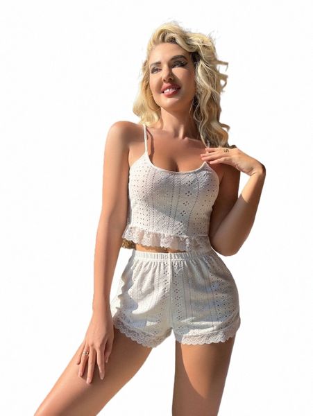 Damen Sexy Camisole Lace-up Back Top + Shorts Pyjamas Set, weiß aushöhlen bequeme atmungsaktive Pyjamas Homewear X5nh #