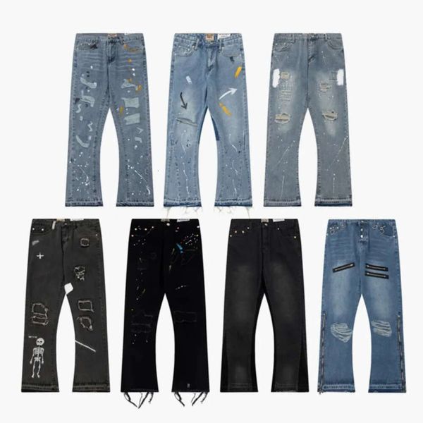 Jeans 23SS En İyi Zanaat Erkek Tasarımcısı Retro Moda Yüksek Sokak Kırık Delikler Kot Yağlı Boya Sıçraması Mürekkep Pantolonları 657