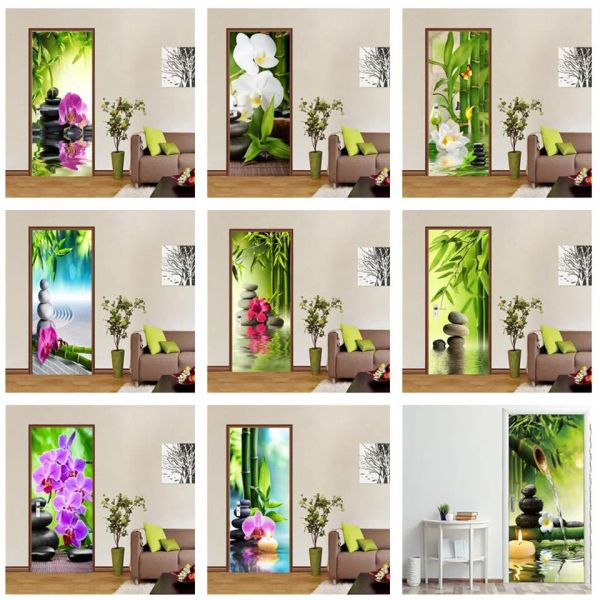 Adesivos de bambu verde fluindo água flor porta adesivo papel parede vinil para pórtico quarto decoração cartaz decalques parede removível