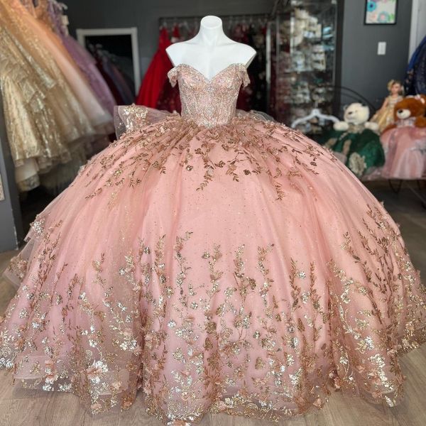 Abito Quinceanera rosa lucido Abito da ballo Abito dolce 15 Abito con applicazioni dorate con perline staccabili Abito da principessa per feste di laurea