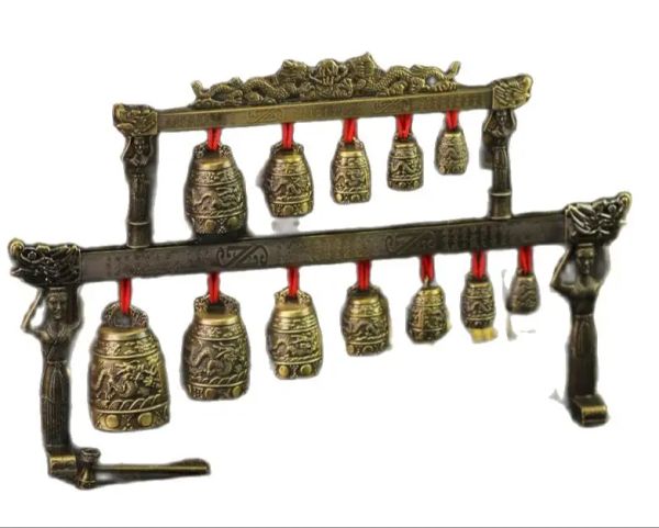 Esculturas chinesas antigas gongo de meditação com 7 sinos ornamentados com design de dragão instrumento musical chinês decoração de bronze lojas de fábrica