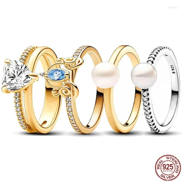 Cluster-Ringe aus 925er-Sterlingsilber, klassische Goldfarbe, Kürbiskutsche, herzförmiger Perlenring, exquisiter Luxus-Charm, Damenschmuck, Geschenk