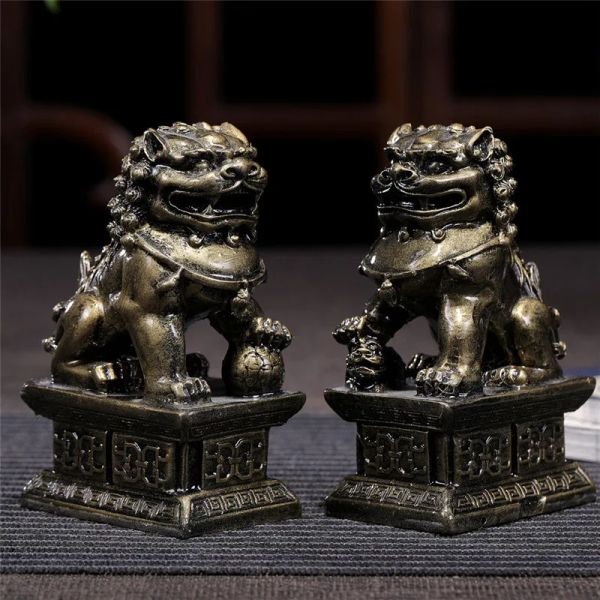 Sculture 2 pezzi Leoni cinesi Statue di Buddha Ornamenti in bronzo Pietra di giada artificiale Fu Foo Cani Scultura Figurine Statue Decorazione della casa