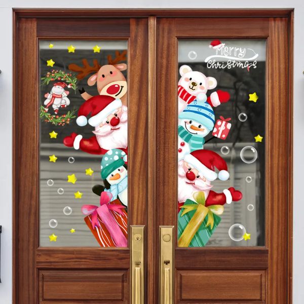 Наклейки Новый Санта-Клаус Маленький Лось Стикер Стены Для Детской Комнаты Стеклянные Окна Обои Самоклеящиеся Новогодние Украшения Дома Наклейки