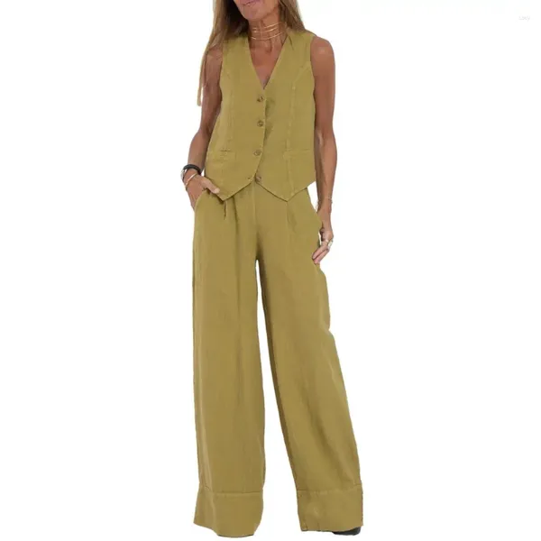 Pantaloni a due pezzi da donna 2 Abito da donna Elegante set di lino in cotone con gilet senza maniche Gamba larga Abbigliamento da ufficio Uscite casual