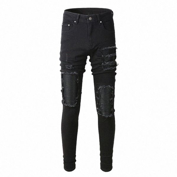 Street Fi Männer Jeans Schwarz Slim Fit Stretch Zerrissene Jeans Männer Punk Hosen Leder Patch Designer Hip Hop Marke Hosen hombre u2XU #