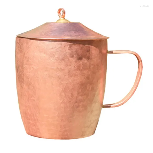 Tassen Klassische Tasse aus reinem Kupfer, Teetasse, handgefertigt, dick, massiv, poliert, hochwertig, handgefertigt, Rot, mit Deckel, 650 ml