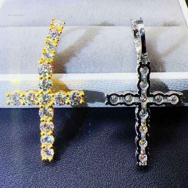 Moissanit Hip Hop Schmuck Sterling Silber Halskette vergoldet Kreuz Anhänger Charms für MännerFrauen