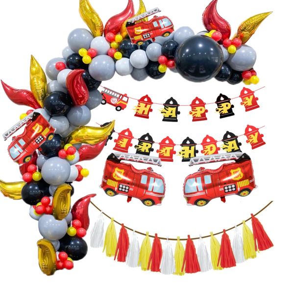 Lapidi 1 set Vigile del fuoco Partito Camion dei pompieri Palloncini Fai da te Ornamenti a spirale Stoviglie usa e getta Decorazioni per feste di compleanno per bambini Articoli per la casa