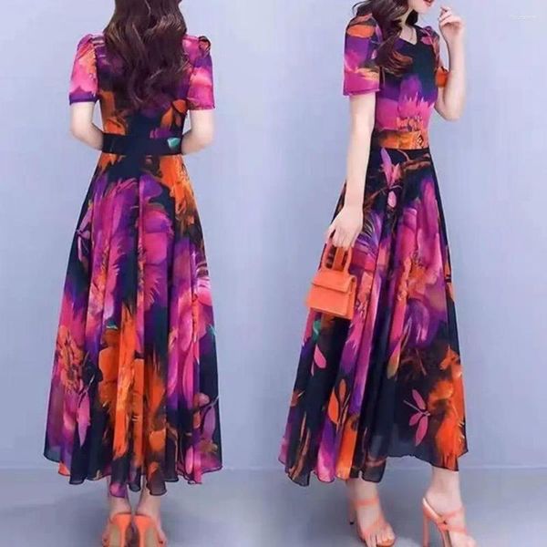 Vestidos casuais manga curta maxi vestido boêmio floral impressão midi para mulheres cintura alta a-line swing estilo com mangas verão