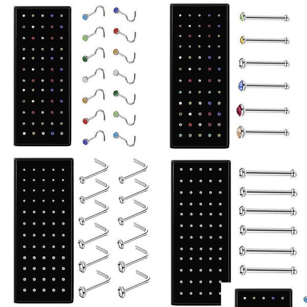 Anéis de nariz Studs 60 Pcs Boxed L-Shape Stud Set com Crystal Body Piercing Gun Kit Anel Falso Aço Inoxidável Agulha Hoop Pack Jeweller Dho7Z