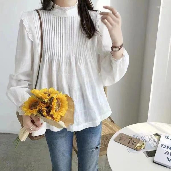 Camicette da donna Camicia da donna elegante e chic fine per le donne Autunno Primavera Moda coreana Colletto alla coreana Top alti a pieghe