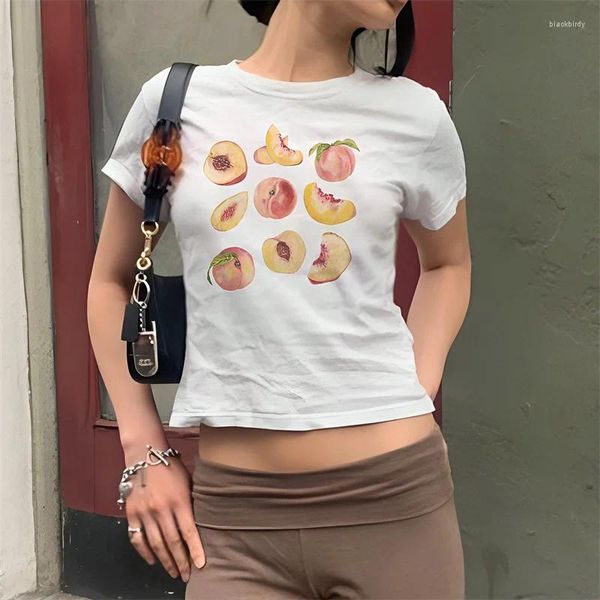 Kadın Tişörtleri Meyve Baskılı T-Shirt Kadınlar Bebek Tees Kısa Kollu Beyaz Mahsul Üstler Seksi Zarif Tişörtler Kadın Kızlar Y2K Giysileri